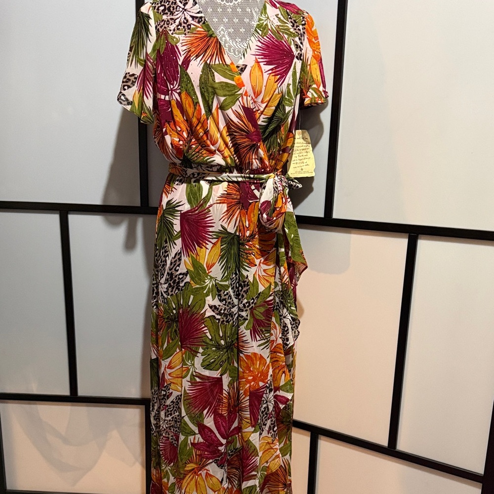 ONE WORLD Tropical Leaf Wrap Maxi Dress - Green, Orange, Pink, Cream